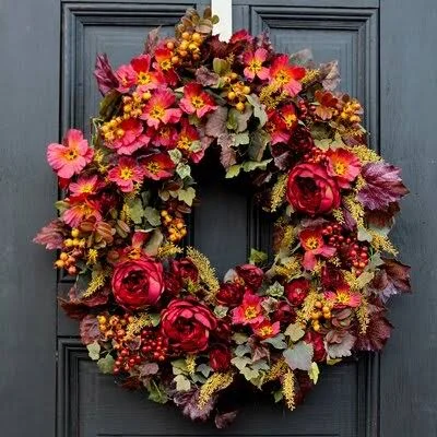 English Rose - Autumn Wildflower with Grapevine and Wheat Fall Front Door Wreath Canora Grey Size: 30x22 H x 30x22 W x 6x22 D