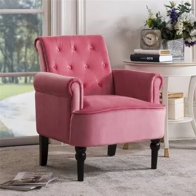 Elegant Button Tufted Club Chair Accent Armchairs Roll Arm Living Room Cushion with Wooden Legs, Deep Burgundy Canora Grey Fabri