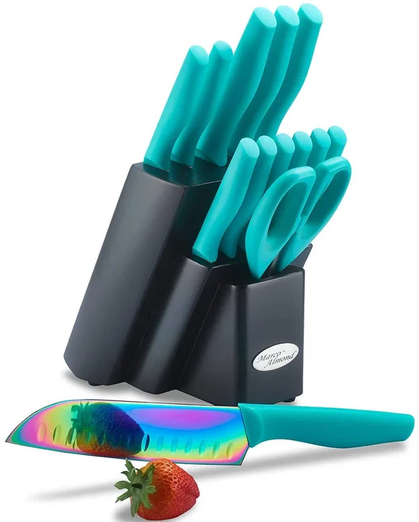 Dishwasher Safe Rainbow Titanium Cutlery Knife Set, Marco Almond Kya27 Kitchen Knives Set with Wooden Block, Rainbow Titanium