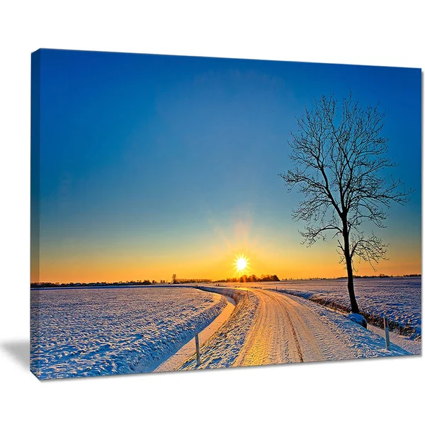 Design Art Distant Sunset in Winter - Landscape Photography Canvas Print - Yellow, 60 in. Wide x 32 in. High - 5 Panels Diamond