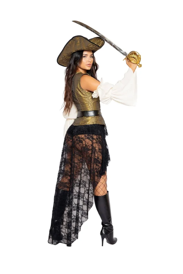 6pc Pirate Queen Costume Medium, Gold/Black/Beige