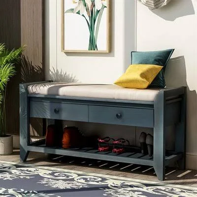 Shoe Rack with Cushioned Seat and Drawers, Multipurpose Entryway Storage Bench, Gray Wash Longshore Tides Color/Pattern: Antique