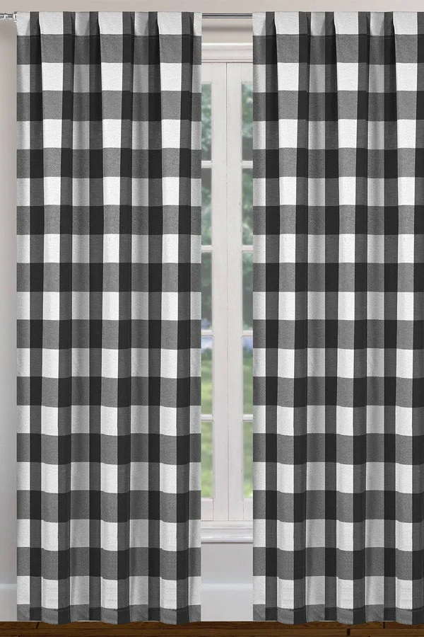 Blackout 365 Aaron Buffalo Checkered Blackout Curtain Set, 37x22 W x 84x22 L, Black (Rod Pocket)