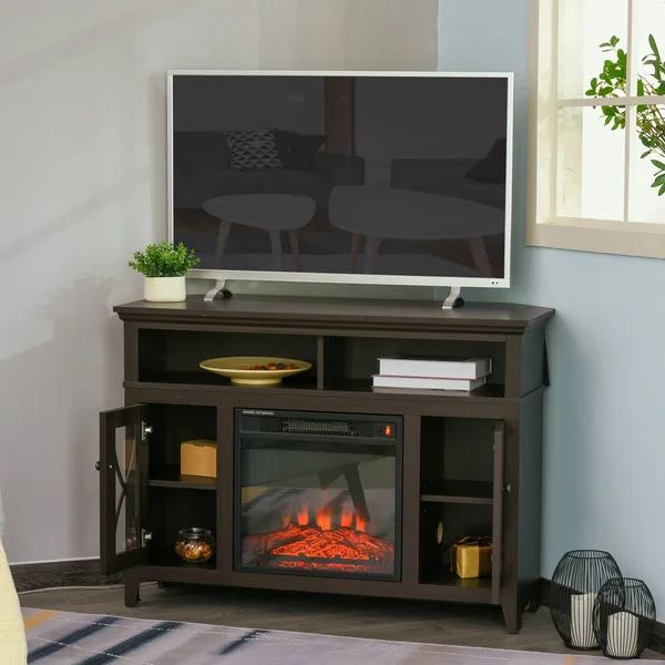 HOMCOM 2-in-1 Wood Corner TV Stand with Media Center Console and Electric Fireplace, LED Flame, Fits 55x22 TV - Dark Coffee