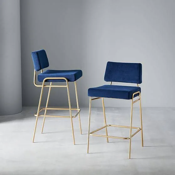 West Elm Wire Frame Bar Stool, Distressed Velvet, Mauve, Antique Brass