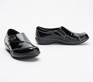 Clarks Collection Leather Slip-On Shoes -Ashland Lane - Size 12 Narrow, Black Patent