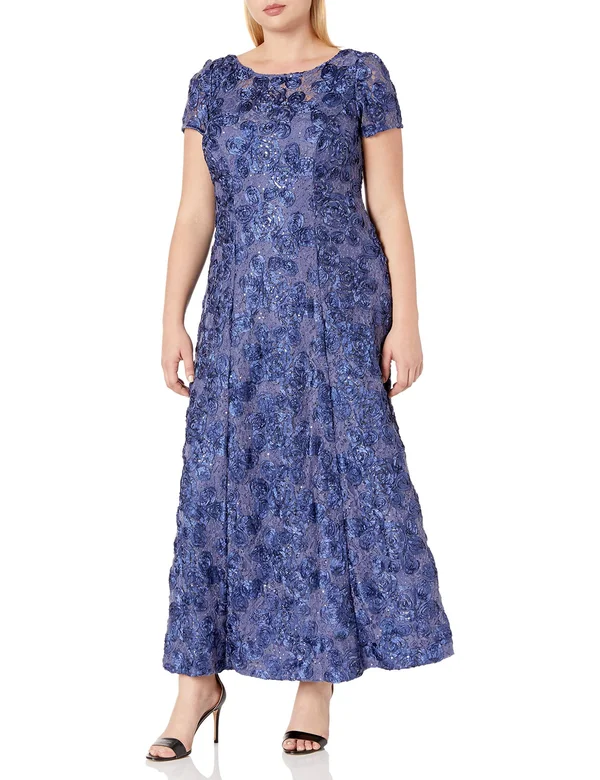 Alex Evenings Womens Petites Sequined Rosette Evening Dress Blue 16p