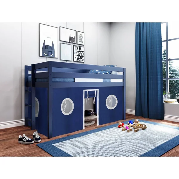 Jackpot! Contemporary Low Loft Bed with End Ladder, Twin, White with Blue & White Tent
