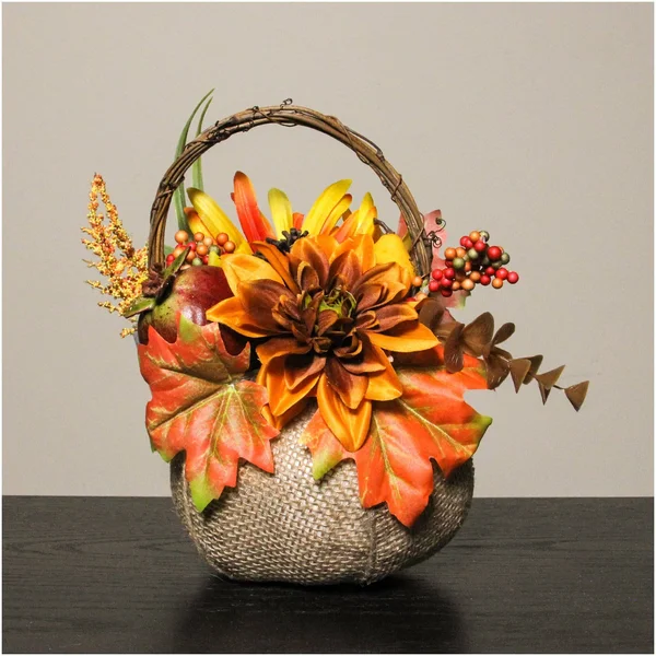 9x22 Autumn Harvest Burlap Pumpkin with Flowers and Fruit Thanksgiving