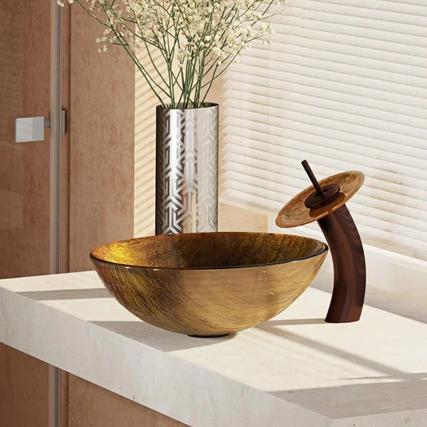 Rene R5-5030-WF-ORB Glass Vessel Bathroom Sink with Oil Rubbed Bronze Waterfall Faucet - Sink Ring, and Vessel Pop-Up Drain