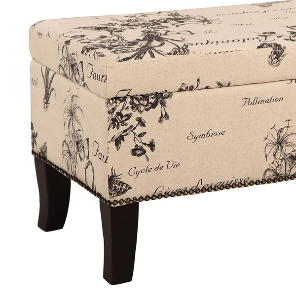 Fabric Upholstered Wooden Ottoman with Botanical Print Beige and Black