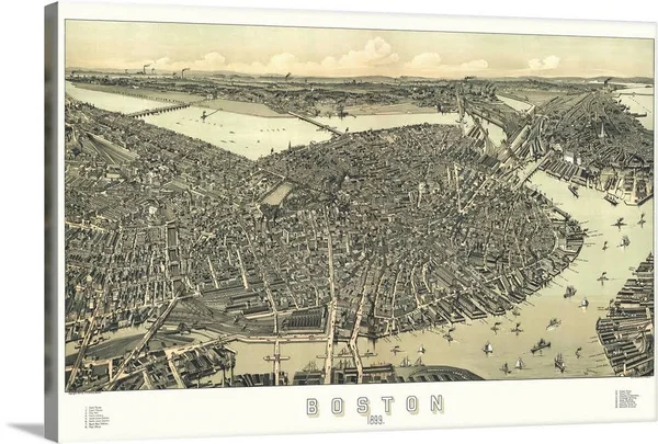 Vintage Birds Eye View Map of Boston, Massachusetts, Canvas Wall Art, 30x20, Great Big Canvas