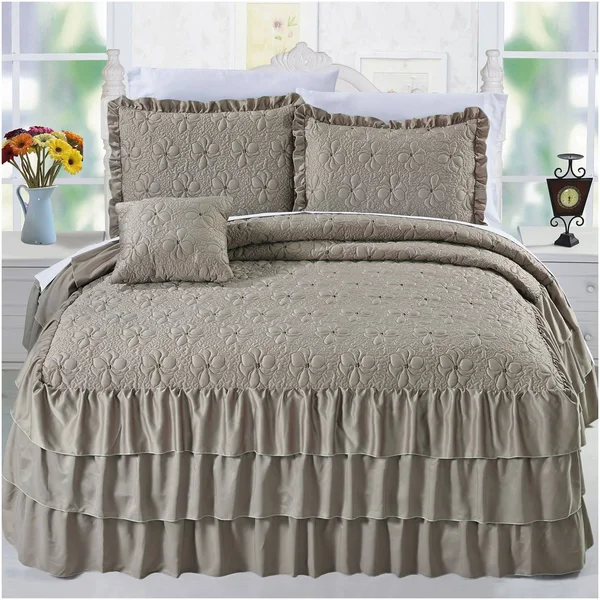 Serenta 4 Piece Matte Satin Ruffle Quilted Bedspread Set, Pink, Queen