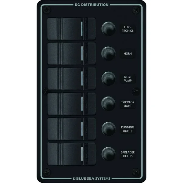 Blue Sea 8373 Water Resistant 6 Position Panel, Black, Vertical Mount, 12 V