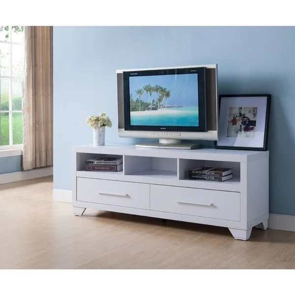 Benzara Wooden TV Stand with 2 Drawers & 3 Open Shelves, White, 60 x 15.25 x 21.75