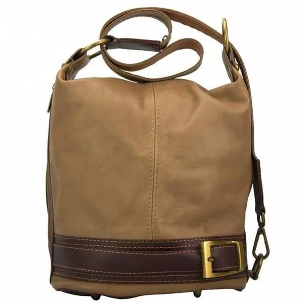 Italian Artisan 16-300-lighttaupebrown Caterina Womens Luxury Handmade Leather Bucket or Backpack Handbag Light Taupe & Brow