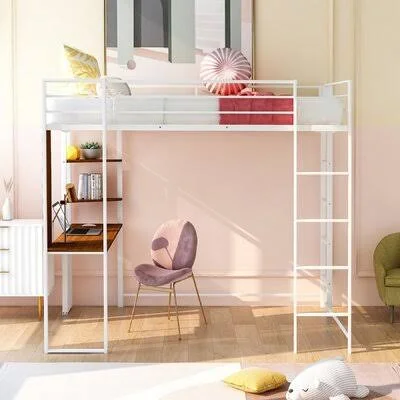 Full Size Metal Loft Bed with 2 Shelves and One Desk - White Mason & Marbles Color: White