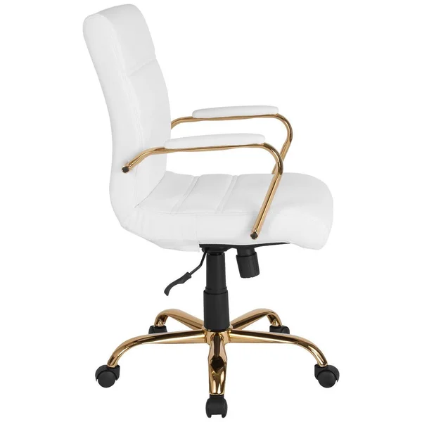 Flash Furniture Mid-Back Leather Executive Swivel Chair with Gold Frame and Arms, White