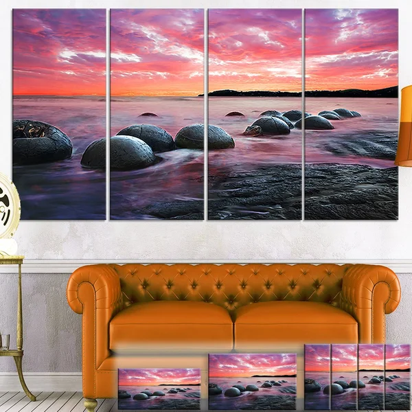 Design Art PT9480-32-16 Moeraki Boulders at Sunset Seashore Photo Canvas Art Print, Red, 32x16x22
