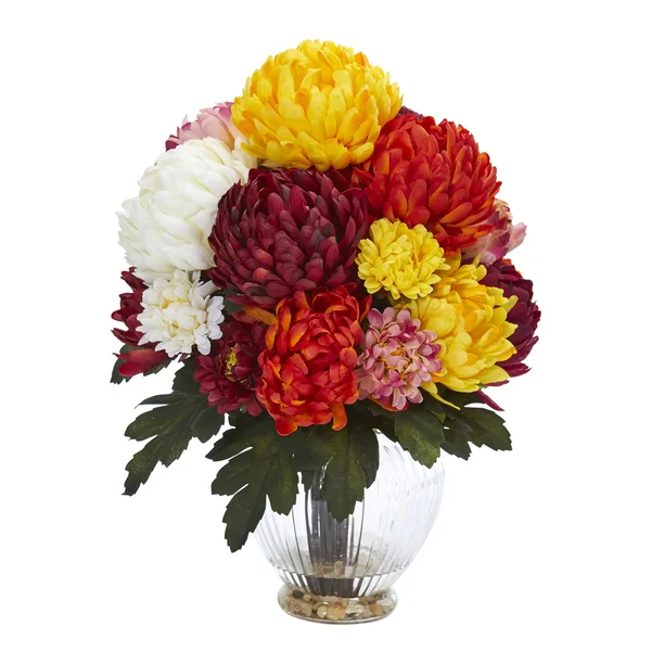 Nearly Natural Mum Artificial Arrangement in Vase - Yellow