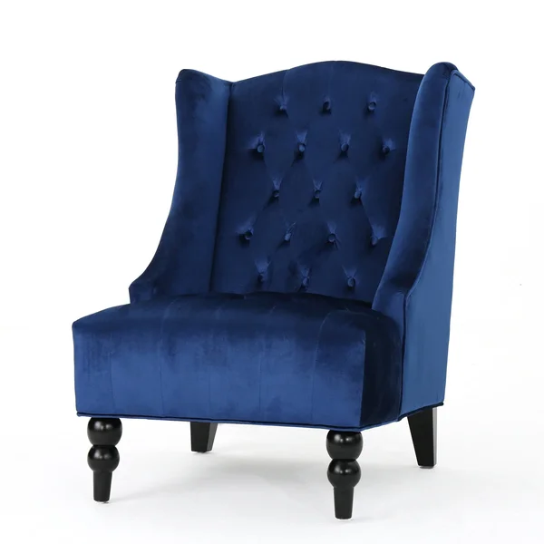 Talisa Winged High-Back Tufted New Velvet Club Chair (Navy Blue)