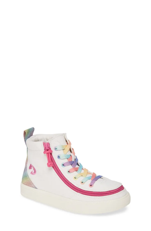 Billy Footwear Kids Classic Lace Zip High Top - White Rainbow 4 Big Kid