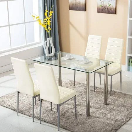 Mecor 5 Piece Dining Table Set Glass Top Dinette Sets with 4 Leather Chairs, Light Yellow