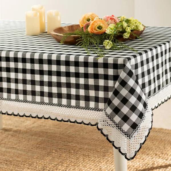 Kate Aurora Country Farmhouse Plaid Buffalo Check Stain & Spill Proof Fabric Tablecloths - 60in. x 104in. (8-10 Chairs) - Bla