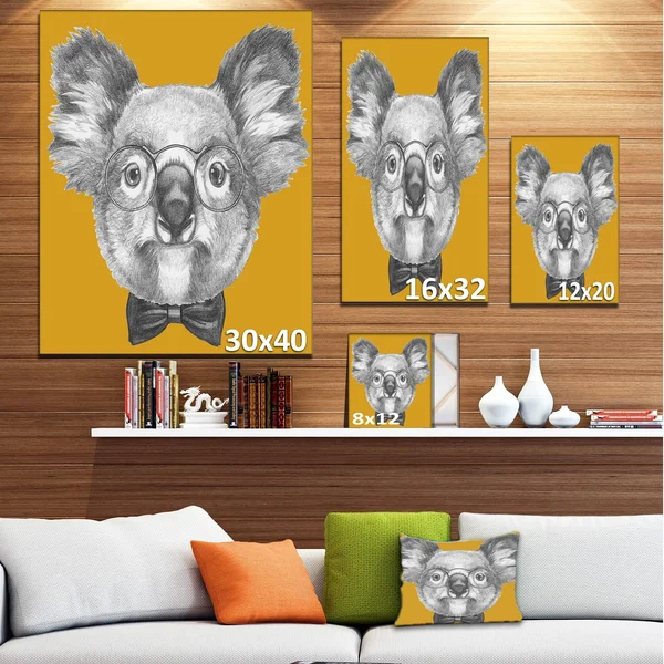 Design Art 'Koala with Glasses and Bow Tie' Graphic Art on Wrapped Canvas - White